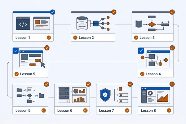 Course recap panel listing the eight lessons as completed stages