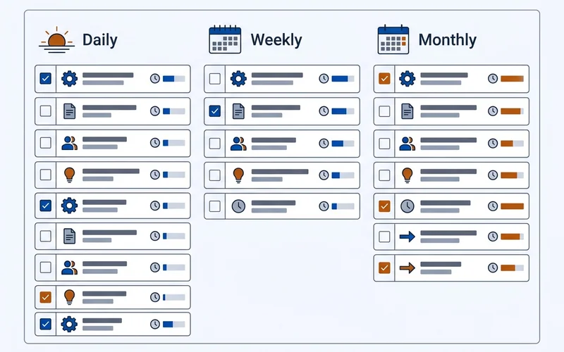 Checklist panel of recurring tasks grouped by cadence with time estimates