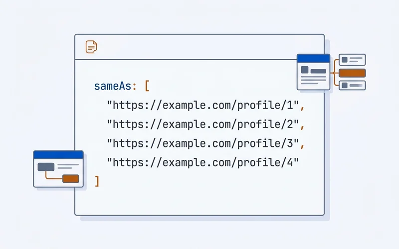Code panel showing a sameAs array with ordered profile URLs