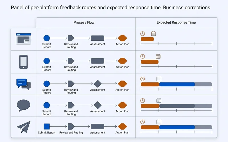 Panel of per-platform feedback routes with expected response times