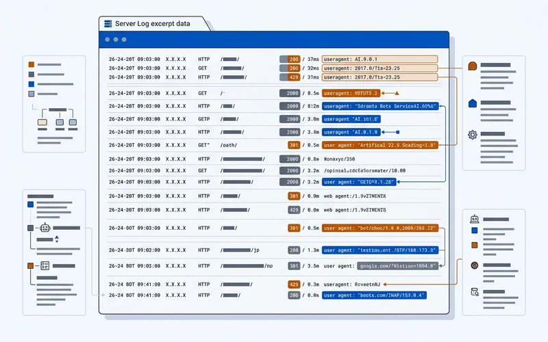 Server log excerpt in monospace type marking AI user-agent strings