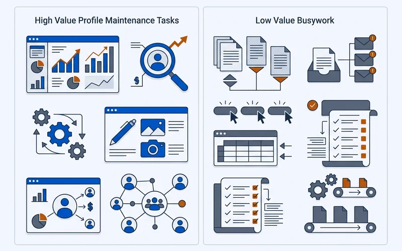 Two-column panel separating high-value maintenance tasks from busywork